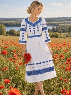 White Blue Embroidered Ukrainian Style Dress Size M